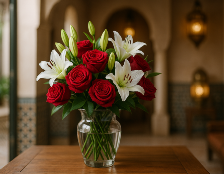 Professional bouquet of red roses and white lilies in a Moroccan riad setting for same-day flower delivery in Marrakech