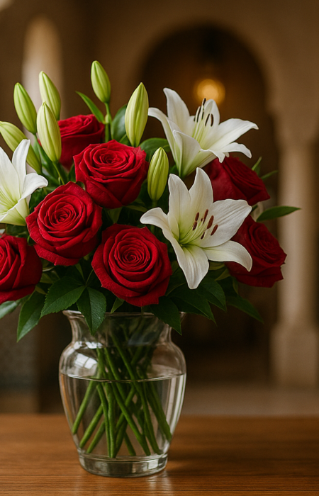 Professional bouquet of red roses and white lilies in a Moroccan riad setting for same-day flower delivery in Marrakech
