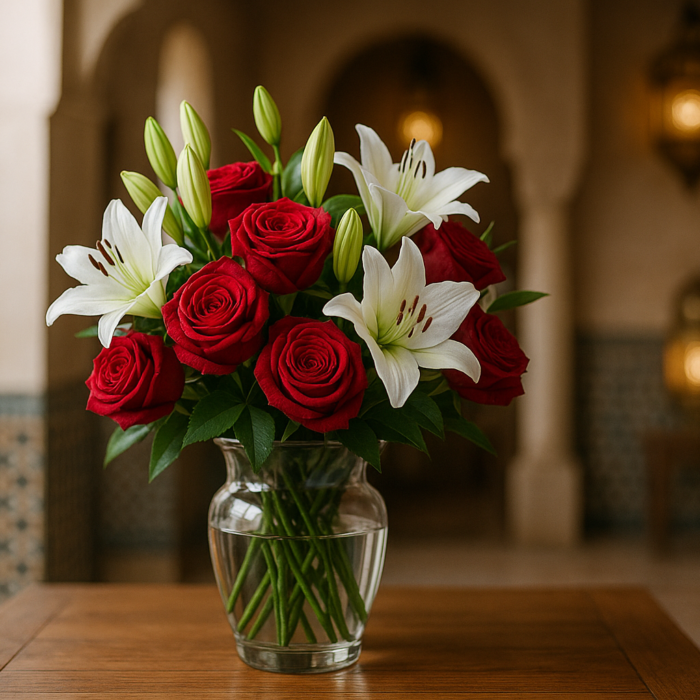 Professional bouquet of red roses and white lilies in a Moroccan riad setting for same-day flower delivery in Marrakech