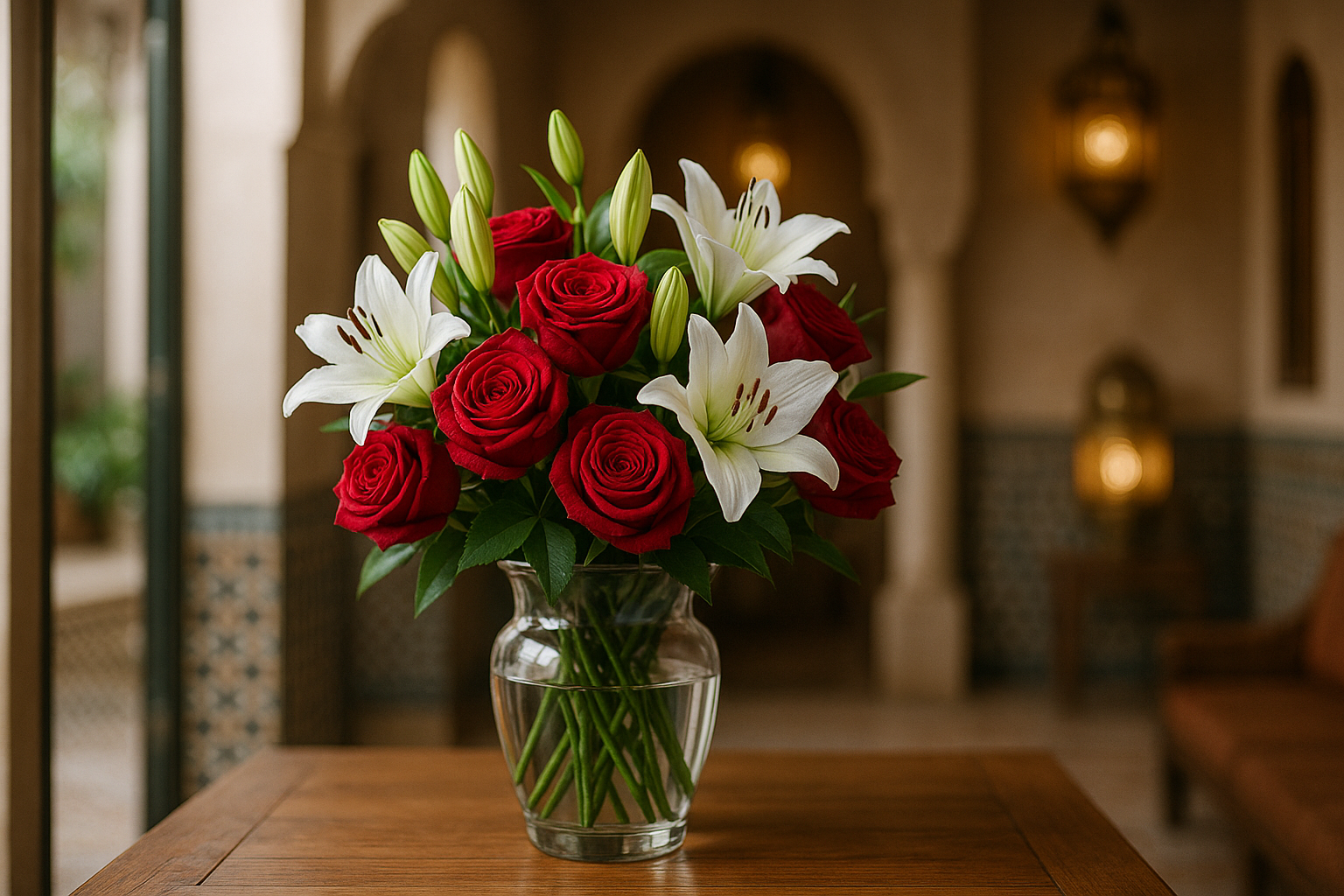 Professional bouquet of red roses and white lilies in a Moroccan riad setting for same-day flower delivery in Marrakech